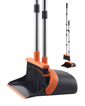 Broom and Dustpan Set, Heavy Duty Dustpan and Broom Combo with Self-Cleaning Teeth, Metal Upright Standing Dust Pan with Long Handle, Ideal for Home, Restaurant, Office, Dorm, Black+Orange