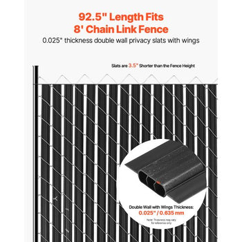 Bottom Locking Privacy Slats, Double-Wall Vertical Bottom-Locking Slats with Wings for Chain-Link Fence, High-Density HDPE Chain Link Slats Ideally Fit 8' High Fence for Garden and Farm(Black)