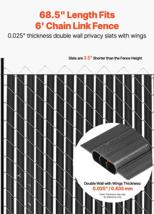 Bottom Locking Privacy Slats, Double-Wall Vertical Bottom-Locking Slats with Wings for Chain-Link Fence, High-Density HDPE Chain Link Slats Ideally Fit 6' High Fence for Garden and Farm(Black)