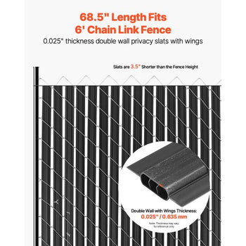 Bottom Locking Privacy Slats, Double-Wall Vertical Bottom-Locking Slats with Wings for Chain-Link Fence, High-Density HDPE Chain Link Slats Ideally Fit 6' High Fence for Garden and Farm(Black)
