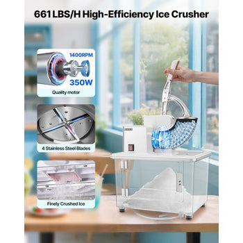 Commercial Ice Crusher 661LBS/H, 350W Electric Snow Cone Machine with 4 Blades, 1400RPM Stainless Steel Shaved Ice Machine with 11 Gal Crushed-Ice Box, for Family Restaurants Bars, White