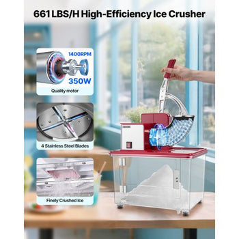 Commercial Ice Crusher 661LBS/H, 350W Electric Snow Cone Machine with 4 Blades, 2000RPM Stainless Steel Shaved Ice Machine with 11 Gal Crushed-Ice Box, for Family Restaurants Bars, Red