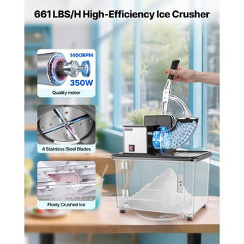 Commercial Ice Crusher 661LBS/H, 350W Electric Snow Cone Machine with 4 Blades, 2000RPM Stainless Steel Shaved Ice Machine with 11 Gal Crushed-Ice Box, for Family Restaurants Bars, Black