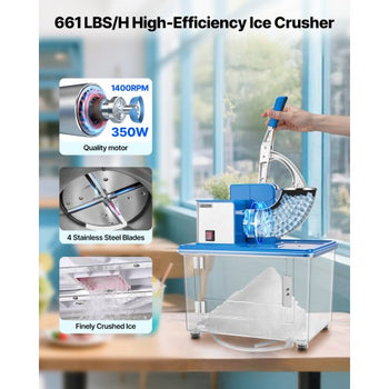 Commercial Ice Crusher 661LBS/H, 350W Electric Snow Cone Machine with 4 Blades, 2000RPM Stainless Steel Shaved Ice Machine with 11 Gal Crushed-Ice Box, for Family Restaurants Bars, Blue