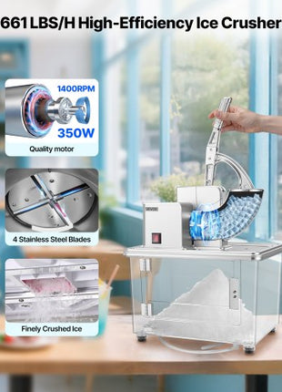 Commercial Ice Crusher 661LBS/H, 350W Electric Snow Cone Machine with 4 Blades, 2000RPM Stainless Steel Shaved Ice Machine with 11 Gal Crushed-Ice Box, for Family Restaurants Bars, Silver