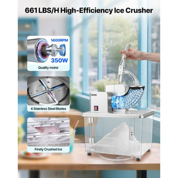 Commercial Ice Crusher 661LBS/H, 350W Electric Snow Cone Machine with 4 Blades, 2000RPM Stainless Steel Shaved Ice Machine with 11 Gal Crushed-Ice Box, for Family Restaurants Bars, Silver