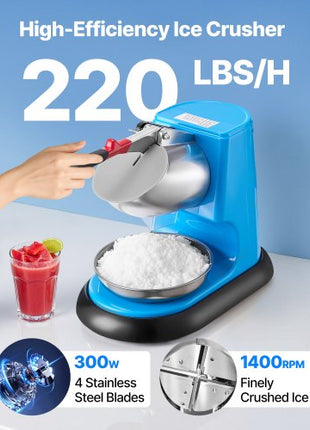 Ice Crusher Machine, 220lbs Per Hour Electric 4 Blades Snow Cone Maker, Stainless Steel Shaved Ice Machine with Bowl and Cover, 300W 1400RPM Ice-Shaver for Home and Commercial Use, Blue