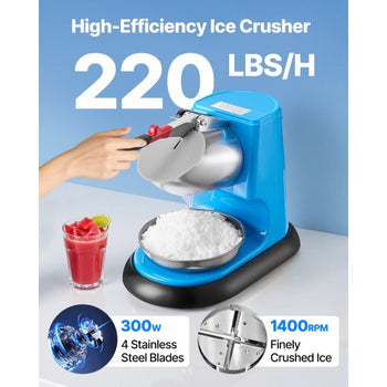 Ice Crusher Machine, 220lbs Per Hour Electric 4 Blades Snow Cone Maker, Stainless Steel Shaved Ice Machine with Bowl and Cover, 300W 1400RPM Ice-Shaver for Home and Commercial Use, Blue