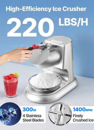 Ice Crusher Machine, 220lbs Per Hour Electric 4 Blades Snow Cone Maker, Stainless Steel Shaved Ice Machine with Bowl and Cover, 300W 2000RPM Ice-Shaver for Home and Commercial Use, Silver