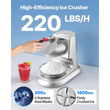 Ice Crusher Machine, 220lbs Per Hour Electric 4 Blades Snow Cone Maker, Stainless Steel Shaved Ice Machine with Bowl and Cover, 300W 2000RPM Ice-Shaver for Home and Commercial Use, Silver