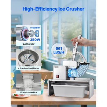 Commercial Ice Shaver Machine, 661 LBS/H Electric Ice Crusher with Replaceable Container, 350W Premium Motor, 4 Blades, Shaved Snow Cone Machine Ice Maker for Dessert Shop Bar Party, Silver
