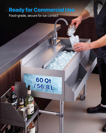 Commercial Ice Bin with Sink & Faucet, 60 Qt Max Capacity, 24 x 19 x 35 Inch Stainless Steel Ice Chest with Sliding Lid and Bottle Holders, Cooler Cart Cocktail Unit for Bar Restaurant Pub