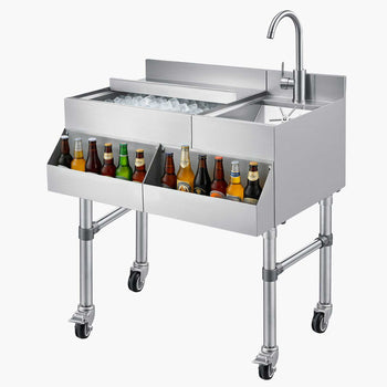 Commercial Ice Bin with Sink & Faucet, 60 Qt Max Capacity, 24 x 19 x 35 Inch Stainless Steel Ice Chest with Sliding Lid and Bottle Holders, Cooler Cart Cocktail Unit for Bar Restaurant Pub