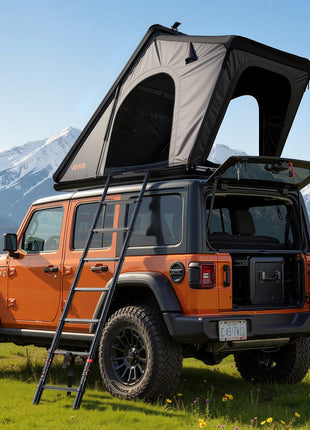 Rooftop Tent Hard Shell, 2-3 Person Aluminum Roof Top Tent Hardshell with Tri-Color LED Light, Thick Mattress & Window, Waterproof Windproof Overland Camping Car Roof Rack for Jeep SUV Pickup