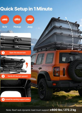 Rooftop Tent Hard Shell, 2-3 Person Aluminum Roof Top Tent Hardshell with Tri-Color LED Light, Thick Mattress & 1 Window, Waterproof Windproof Overland Camping Car Roof Rack for Jeep SUV Pickup
