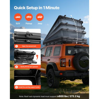 Rooftop Tent Hard Shell, 2-3 Person Aluminum Roof Top Tent Hardshell with Tri-Color LED Light, Thick Mattress & 1 Window, Waterproof Windproof Overland Camping Car Roof Rack for Jeep SUV Pickup