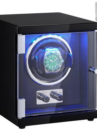 Black automatic watch winder with LED lighting and glass door, holds one watch, includes cleaning cloth.