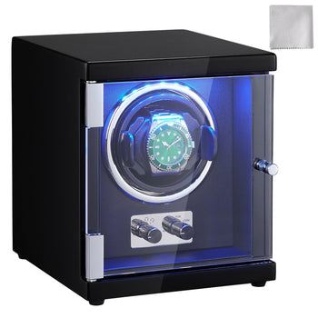 Black automatic watch winder with LED lighting and glass door, holds one watch, includes cleaning cloth.
