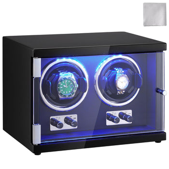 Black watch winder with blue LED light, acrylic glass front, and two rotating slots for automatic watches. Cleaning cloth included.