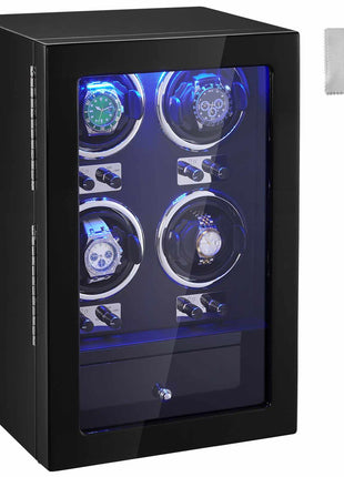 Black watch winder with LED light, glass door, and storage drawer, includes cleaning cloth and key. Stylish, modern design.