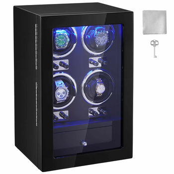 Black watch winder with LED light, glass door, and storage drawer, includes cleaning cloth and key. Stylish, modern design.