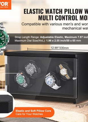Watch Winder, Watch Winder for 4 Men's and Women's Automatic Watches, with 2 Super Quiet Japanese Mabuchi Motors, Blue LED Light and Adapter, High-Density Board Shell and Black PU