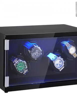 Watch Winder, Watch Winder for 4 Men's and Women's Automatic Watches, with 2 Super Quiet Japanese Mabuchi Motors, Blue LED Light and Adapter, High-Density Board Shell and Black PU