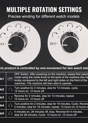 Precise multi-rotation watch winder with black and silver knobs, ideal for various watch styles and models.