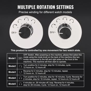 Precise multi-rotation watch winder with black and silver knobs, ideal for various watch styles and models.