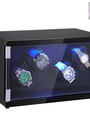 Black watch winder box with LED light, holds 4 watches, sturdy acrylic front, includes cleaning cloth.