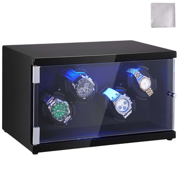 Black watch winder box with LED light, holds 4 watches, sturdy acrylic front, includes cleaning cloth.