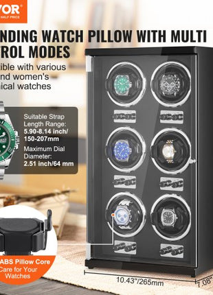 Watch Winder, Watch Winder for 6 Men's and Women's Automatic Watches, with 6 Super Quiet Japanese Mabuchi Motors, Blue LED Light and Adapter, High-Density Board Shell and Black PU