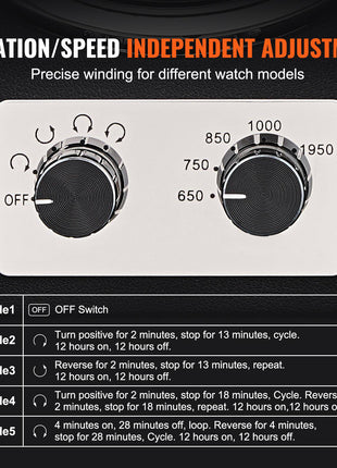 Watch winder with dual independent dials, silver knobs, adjustable rotation/speed for optimal watch maintenance.