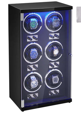 Black watch winder with blue LED lights, six rotating spots, sleek design, includes cleaning cloth.