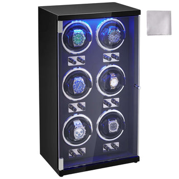 Black watch winder with blue LED lights, six rotating spots, sleek design, includes cleaning cloth.