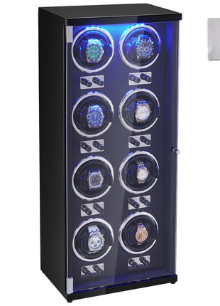 Elegant black watch winder with blue LED light, holding 8 watches in glass display, includes cleaning cloth.