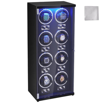 Elegant black watch winder with blue LED light, holding 8 watches in glass display, includes cleaning cloth.