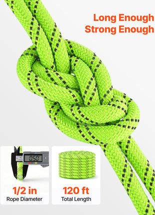 Double Braided Polyester Rope 1/2 in x 120 ft Arborist Rigging Rope, for Tree Work, Heavy Duty 11 Strands, 3700 lbs High Breaking Strength, Outdoor Climbing Towing Swing Pulling Cord, Green