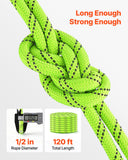 Double Braided Polyester Rope 1/2 in x 120 ft Arborist Rigging Rope, for Tree Work, Heavy Duty 11 Strands, 3700 lbs High Breaking Strength, Outdoor Climbing Towing Swing Pulling Cord, Green