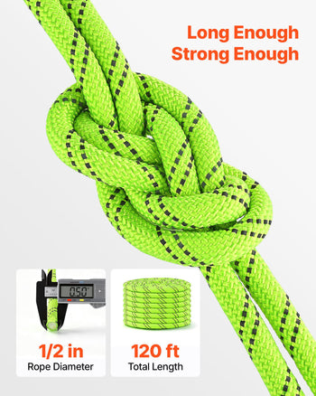 Double Braided Polyester Rope 1/2 in x 120 ft Arborist Rigging Rope, for Tree Work, Heavy Duty 11 Strands, 3700 lbs High Breaking Strength, Outdoor Climbing Towing Swing Pulling Cord, Green