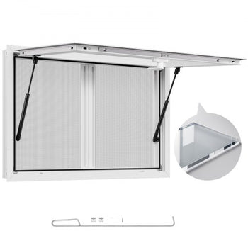 Concession Window 36x24 in, Aluminum Alloy Service Window for Food Truck, Up to 85 Degrees Stand Serving Window with 2 Sliding Windows, Awning Door, and Drag Hook, for Concession Trailers