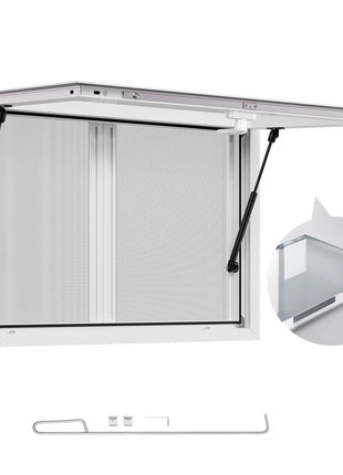 Concession Window 36x24 in, Aluminum Alloy Service Window for Food Truck, Up to 85 Degrees Stand Serving Window with 2 Sliding Windows, Awning Door, and Drag Hook, for Concession Trailers