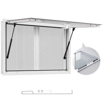 Concession Window 36x24 in, Aluminum Alloy Service Window for Food Truck, Up to 85 Degrees Stand Serving Window with 2 Sliding Windows, Awning Door, and Drag Hook, for Concession Trailers