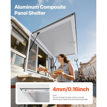 Concession Window 53x33 in, Aluminum Alloy Service Window for Food Truck, Up to 85 Degrees Stand Serving Window with 4 Sliding Windows, Awning Door, and Drag Hook, for Concession Trailers