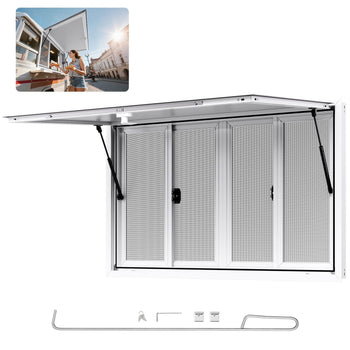 Concession Window 53x33 in, Aluminum Alloy Service Window for Food Truck, Up to 85 Degrees Stand Serving Window with 4 Sliding Windows, Awning Door, and Drag Hook, for Concession Trailers