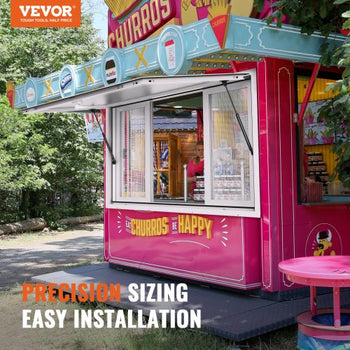53"x33" Service Window, Aluminum Food Truck Serving Window with 4 Sliding Panels, Awning Door & Hook, Opens to 85 Degrees for Concession Trailers