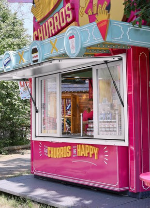 53"x33" Service Window, Aluminum Food Truck Serving Window with 4 Sliding Panels, Awning Door & Hook, Opens to 85 Degrees for Concession Trailers