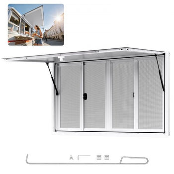 Concession Window 60x36 in, Aluminum Alloy Service Window for Food Truck, Up to 85 Degrees Stand Serving Window with 4 Sliding Windows, Awning Door, and Drag Hook, for Concession Trailers