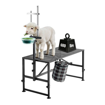 Goat Milking Stand, 600 lbs Heavy Duty Goat Stand with Feed Bin, Adjustable Headpiece & Tool Basket, Stanchion for Grooming & Hoof Trimming, Metal Livestock Platform for Sheep, 47" x 23", Black