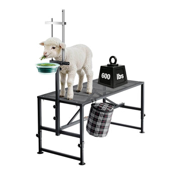 Goat Milking Stand, 600 lbs Heavy Duty Goat Stand with Feed Bin, Adjustable Headpiece & Tool Basket, Stanchion for Grooming & Hoof Trimming, Metal Livestock Platform for Sheep, 51" x 23", Black